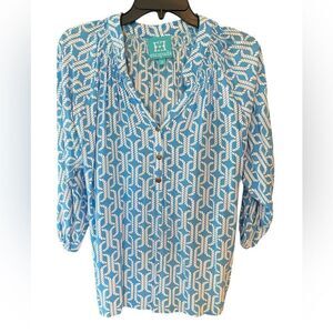 Escapada Sz M Blue & White Nautical Print Flowy Sleeve Summer Top